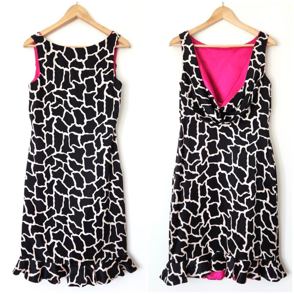Vintage Flores & Flores Silk Giraffe Print Dress Cowl Back Pink Black Ruffle 8‎